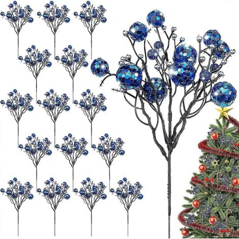 Juego de 16 palillos navideños azules con bayas artificiales brillantes para Navidad. (1/5)