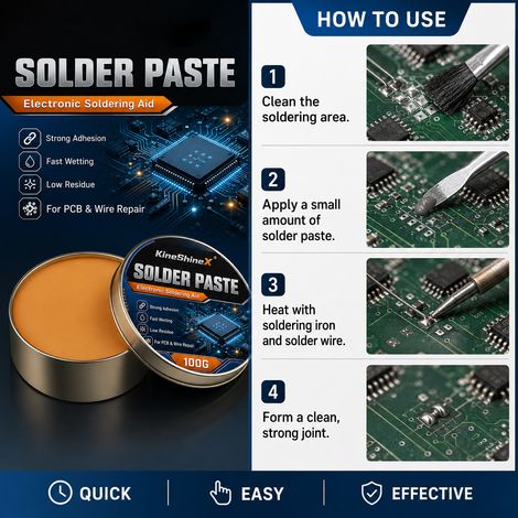 KineShineX electronic soldering paste: clean flux-free, lead-free soldering paste for circuit boards and copper wires. (1/5)