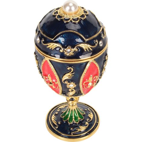 Boîte à bijoux en forme d'œuf, incrustation de strass, émail peint à la main, couvercle à charnière délicat, coffret décoratif pour maison, bleu (1/5)