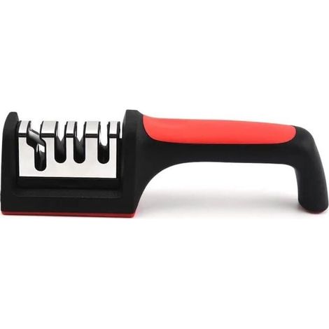 Professioneller 4-in-1 Messerschärfer aus Edelstahl für Küchenmesser – ergonomischer und einfach zu bedienender Schärfer mit 4 Schärfschlitzen (rot und schwarz) (1/4)