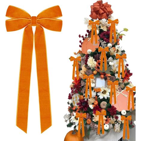 Adornos navideños, 12 lazos de terciopelo naranja, 26 x 13 x 2,5 cm, adorno de cinta naranja, decoración para fiestas navideñas. (1/4)