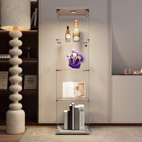 Vetrina in vetro temperato 42,5x36,5x164 cm, vetrina espositiva a 4 livelli con illuminazione LED regolabile e sicurezza bambini, vetro e metallo, bianco