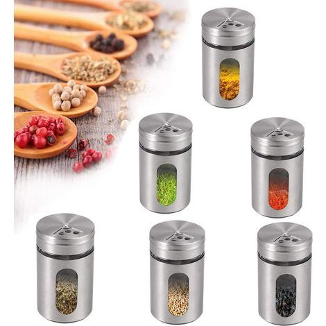 Set aus 6 Gewürzgläsern aus Edelstahl à 90 ml mit 3 Dosierern in verschiedenen Größen für Salz, Pfeffer und schwarzen Pfeffer. (1/5)