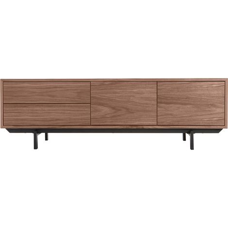 Miliboo – Meuble TV vintage en bois foncé L160 cm – Rangements fermés – Panneaux de fibres placage noyer – Pieds en métal noir (1/5)