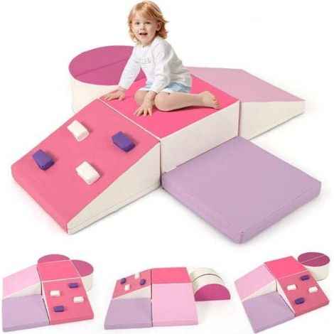 Ensemble rose de 6 blocs d'escalade en mousse EPE avec housse PU et formes modulables pour chambre, salle de jeux (1/5)