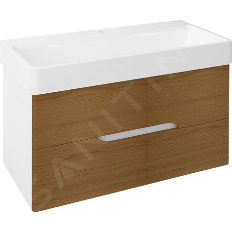MEDIENA Meuble sous-vasque 96x51x48,5cm, blanc mat/chêne naturel (1/3)