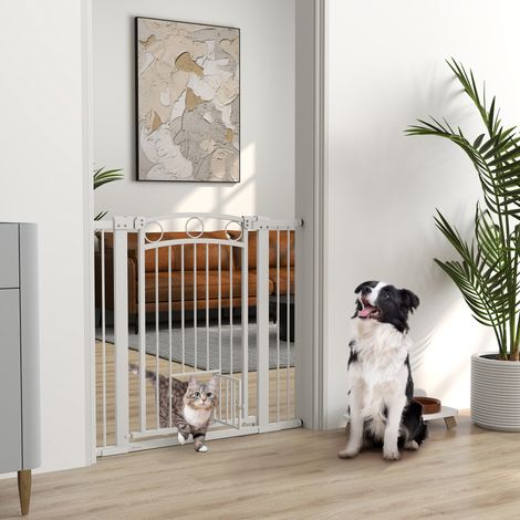 Barrière pour animaux, barrière d'escalier de 96 cm, largeur réglable de 76 à 104 cm, avec chatière, pour escaliers et portes, blanche