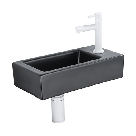 QeramiQ Lave-mains Kit lave-mains - 37.5x18.5x9cm - céramique - trou de robinet à droite - robinet lave-mains mat blanc - bonde de vidage - siphon