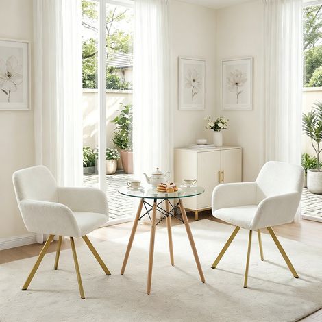Chaise Salle à Manger Lot de 2, Tissu Boucle avec Accoudoirs, Pivotante Pieds Métal, Beige