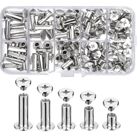 Kit de 80 vis Chicago assorties, 5 tailles, vis à tête cruciforme ronde, vis à tige métallique, vis Chicago à bouton pour la décoration et la reliure en cuir (bricolage). (1/5)