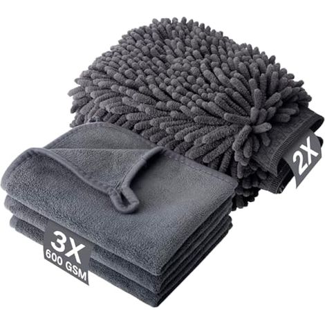 Kit Nettoyage Voiture, 3 Chiffon Microfibre et 2 Gant de Lavage Microfibre, Essuie-Tout 600 G/M², Voiture pour sans Rayures et Poli, Ultra Absorbant (1/5)