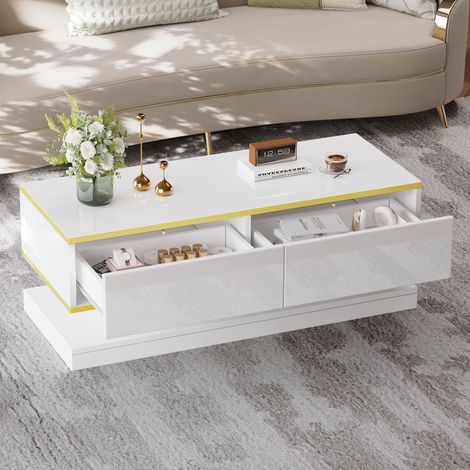 Mesa de centro de aglomerado blanco brillo con borde dorado 100 cm y 2 cajones