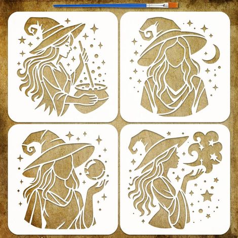 4 Pcs Pochoirs Sorcière avec un Pinceau 20x20 cm Pochoirs Peinture Sorcière et Étoiles Gabarit Thème Jour des Sorcières PET pour Bois Carrelage Sol Mur Tissu Meuble Scrapbook DIY (1/5)