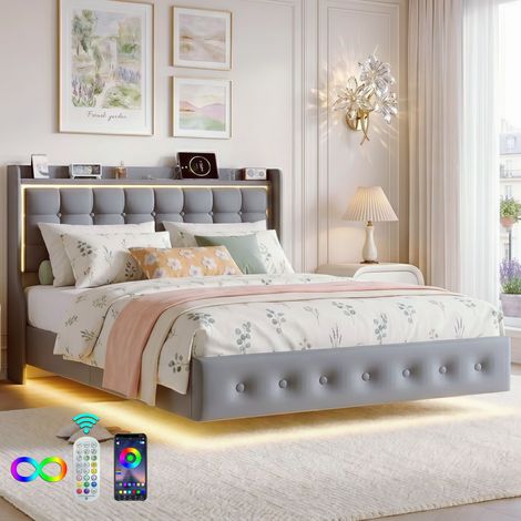 Cama doble 160x200 cm - Estructura de cama tapizada con cabecero LED, puertos USB y somier de láminas, cama de matrimonio y juvenil - Gris