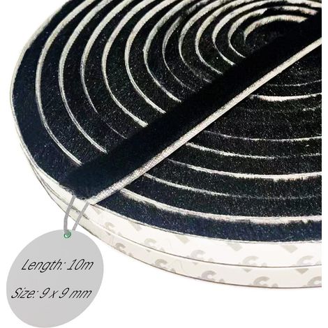 Joint Brosse Porte 10M x 9mm x 9mm Noir - Isolation Phonique Porte Coulissante, Adhésif Moustiquaire