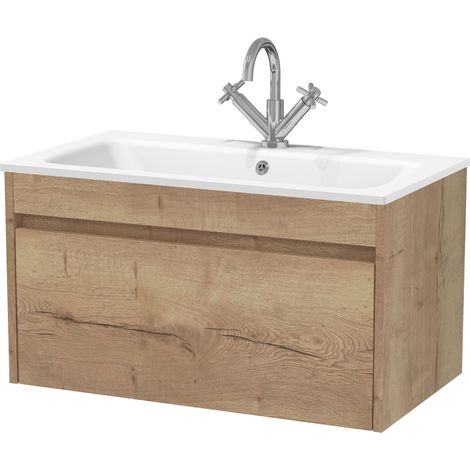 Swainsley Contemporary Wall Hung 1 Drawer Vanity Unit with Stone Basin, 800mm, Autumn Oak (1/3)
