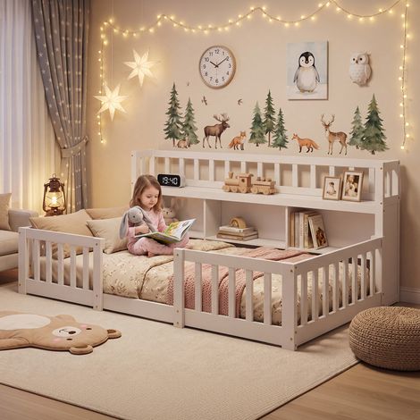 Montessori Lit de sol pour enfant 90x200 cm,Barrière de Sécurité et Sommier à Lattes,Bibliothèque Intégrée,Montessori Lit pour enfant en Bois Massif Pin,pour enfants,garçons et filles,Blanc (1/5)