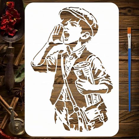 Pochoirs avec un Pinceau 29.7x21 cm Pochoirs Peinture Newsboy Gabarit Thème PET pour Peinture sur Bois Carrelage Sol Mur Tissu Meuble Scrapbook DIY (1/5)