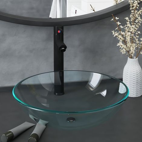 Lavabo de bain,Bac à laver,Vasque à poser avec robinet et drain à poussoir Verre trempé VSGS580904 (1/5)