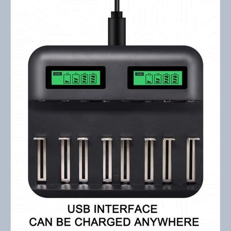 8 Slots Chargeur AA AAA Piles C D Batterie rechargeable, Chargeur de batterie USB intelligent multifonction LCD