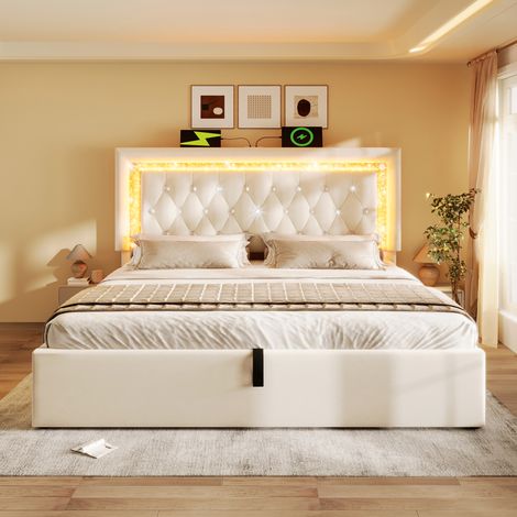 Polsterbett Samt Beige 140x200 cm mit LED-Kopfteil, USB/Type-C, hydraulischem Stauraum und Lattenrost