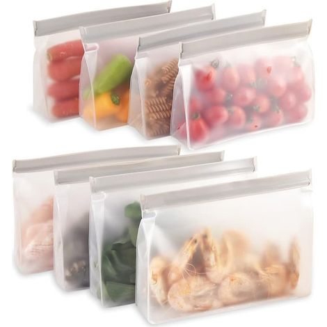 Set di 8 sacchetti riutilizzabili in PEVA per alimenti a lunga conservazione con chiusura ermetica, colore grigio, ideali per conservare e congelare gli alimenti. (1/5)