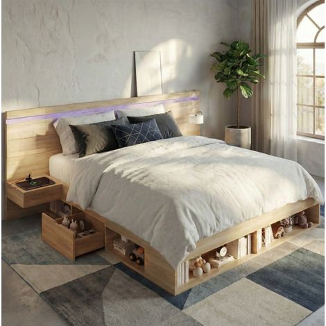 Letto adulto 180x200 cm con testiera LED e porte USB e Type-C, finitura naturale, materasso non incluso (1/5)