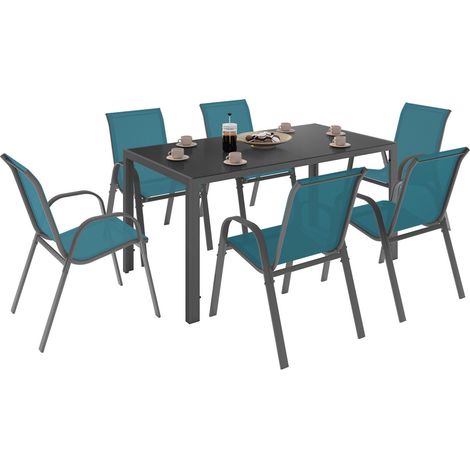 Idmarket – Ensemble table et chaises de jardin 6 places – Table 150 cm en verre trempé – Chaises empilables en textilène bleu canard – Structure en acier gris