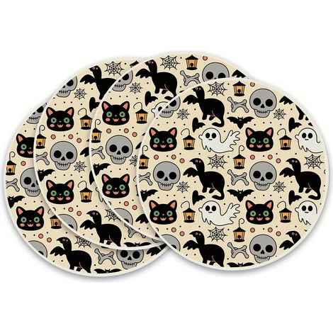Sets de table Halloween, Sets de table ronds Citrouille et Tête de mort, Décorations de table Halloween, Nappes pour table basse salon - 37x37cm, Lot de 4 (Vinyle) - 5