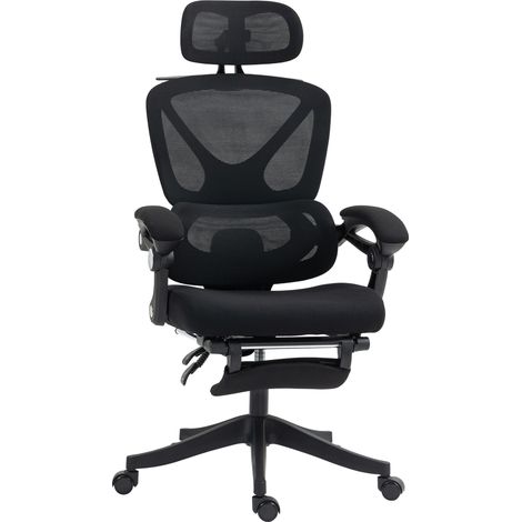 Silla de Escritorio de Malla Reclinable con Reposacabezas Soporte Lumbar Reposapiés y Altura Regulable Carga 135kg Negro (1/5)