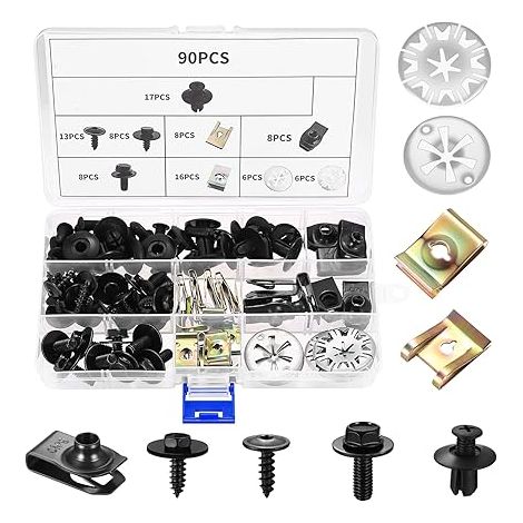 Kit de 90 clips de fixation automobile et vis de carrosserie - Assortiment d'écrous en U, boulons et agrafes pour garde-boue, pare-chocs et panneaux (1/5)