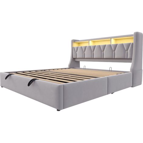 Cama con canapé 180x200 cm de terciopelo gris claro con LED, USB-C y cabecero abatible (1/5)