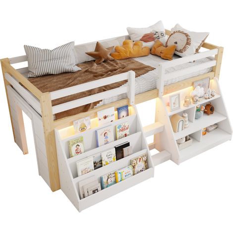Lit enfant 90x200 avec étagères multiples, lit mi-hauteur avec éclairage led, garde-corps et échelle, rangements intégrés, bois de pin, blanc (1/5)