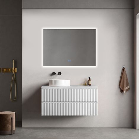 Mobile bagno sospeso cannettato reversibile 100 cm Bianco Opaco per Lavabo d'appoggio Specchio Quadro Retroilluminato - Fiji Paint Top Canneté