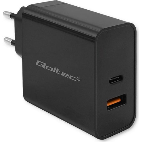 Cargador Qoltec Super Quick PD  1xUSB-C  1xUSB  90W  5-20V  2.4-4.35A  Portátil  Smartphone  Negro