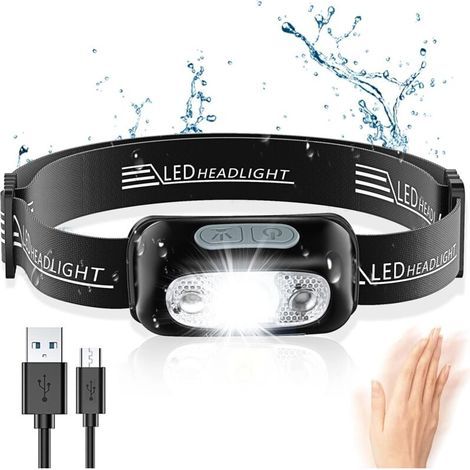 Lampe Frontale, Lampe Frontale LED Puissante avec Capteur Mouvement, IPX6 Étanche, 4 Modes d'Eclairage, Rechargeable USB Frontale Professionnel pour Camping, Randonnée, Course, Cyclisme, Pêche (1/5)