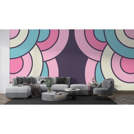 Papier peint rétro - arcs de cercle rose et mauve - 150 x 250 cm (1/2)