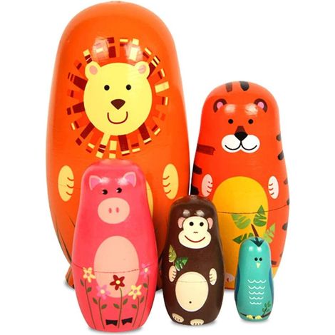 5 poupées russes en bois, motifs animaux (tigre, cochon, singe, oiseau, ligne), emboîtables, pour rangement ou décoration (1/5)