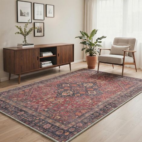 Tapis Salon Vintage 120x170cm Lavable en Machine Rug AntidéRapant Poil Ras, pour Chambre Salle a Manger Descente de Lit Bureau, Cuisine, Pourpre Rosé Rétro (1/5)