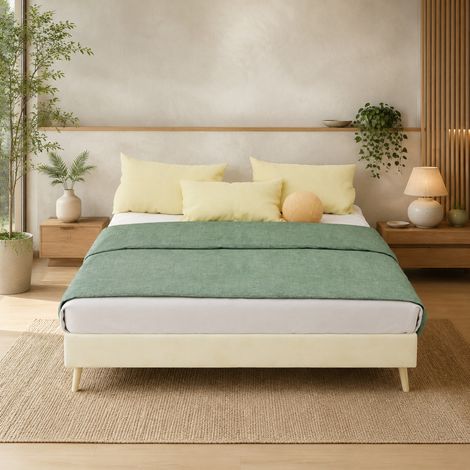 Letto matrimoniale 140x200 cm in velluto beige salvaspazio, senza materasso FloraGrace (1/5)