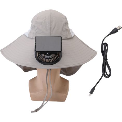 Ortviai Chapeau solaire à ventilation solaire et USB avec capuche anti-UV, gris clair, commande vocale AI