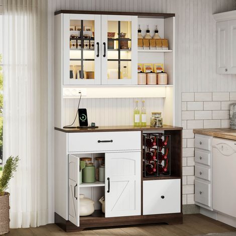 Buffet de cuisine avec LED prises et portes vitrées meuble haut avec plan de travail et rangements ouverts en MDF bois blanc 105x40x185 cm (1/5)