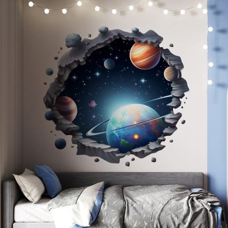 Vinilo decorativo 3D del espacio para pared: efecto de pared difuminada con sistema solar，planetas y estrellas (1/5)