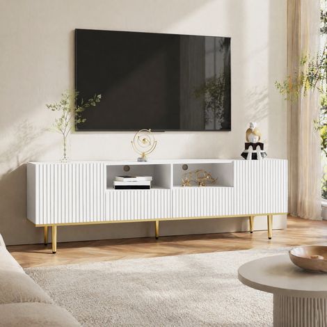 Meuble TV 165 x 36 x 55 cm avec 2 compartiments et 2 tiroirs, blanc et doré OKMYHOME (1/5)