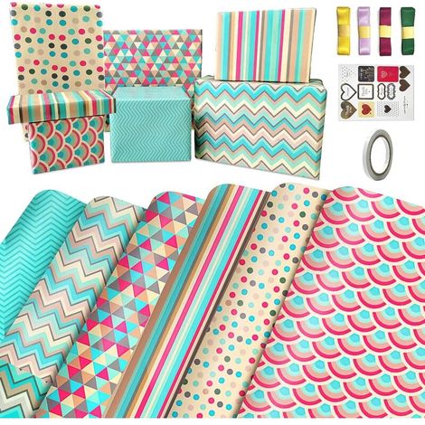Papier Cadeau Set avec Ruban et Étiquette,Ecologique Papier Cadeaux Feuille,Papier Anniversaire d'emballage pour Femme Fille Bebe Homme Garcon Enfant