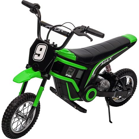 Moto Électrique Enfants, 2 Moteurs 12V 250W, Moto Électrique Tout Terrain à 8/12/23 km/h, Roues Antidérapantes, Suspension Arrière, 14+ Ans, Vert (1/5)