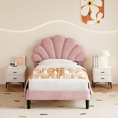 3ft Single Upholstered Velvet Bed Frame, with Adjustable Chic Petal Headboard, Velvet Platform Bed Frame with Solid Wood Slat, No Box Spring Needed, Easy Assembly, Pink
