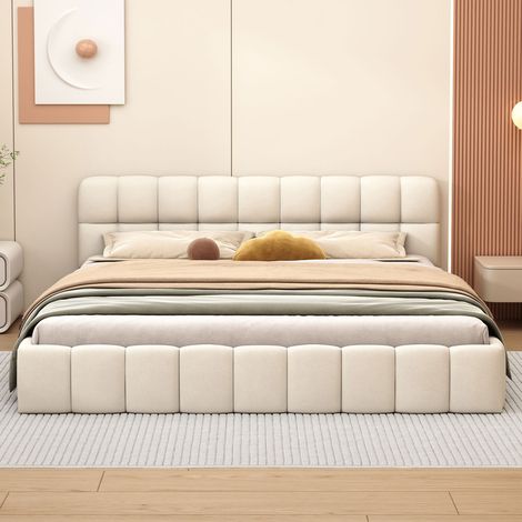 Cadre de lit plateforme pleine grandeur, tête de lit tapissée et support de lattes en bois, support de matelas entièrement tapissé, support de lattes en bois solide,Beige (1/5)