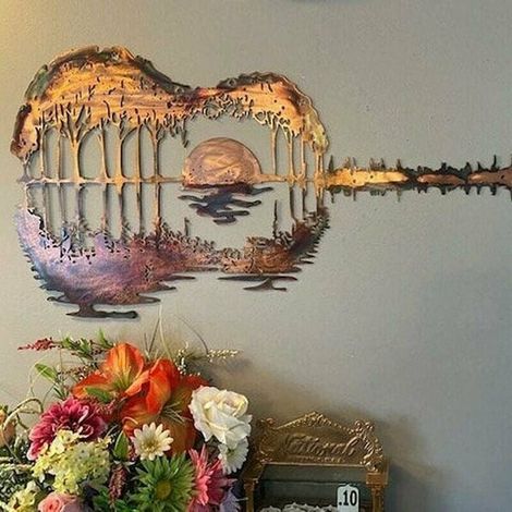 Abstract Guitar Metal Art Decoration Crafts, Metal Wrought Iron Forest Sunset Guitar Wall Art, Wall Hanging Decoration for Musicians Studio Music Indoor Outdoor Yard (1/4)