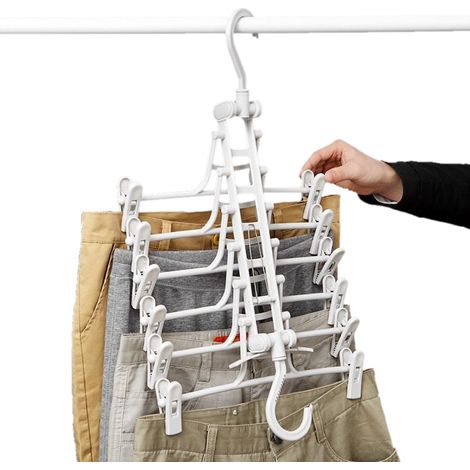 Cintre À Jupes 6 Niveaux En Plastique Réglable Et Pliable Pour Pantalons Et Vêtements Blanc Lot De 2 (1/5)